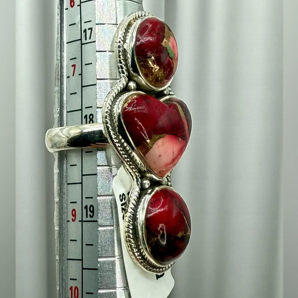 Sterling Silver Red Dahlia Turquoise Triple Stone Statement Ring – Size 8 (10.4g